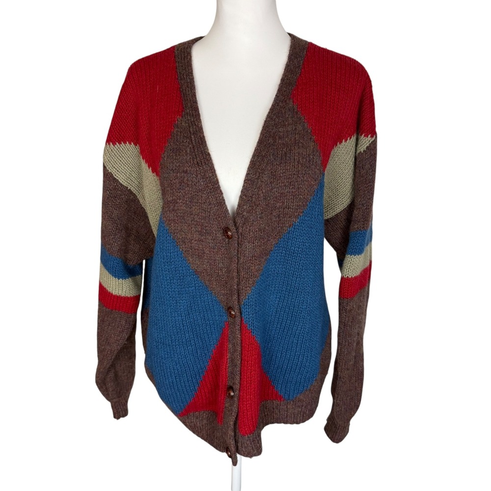 Tanner Country Vintage Hand Knit Shetland Wool Cardigan Geometric Colorblock L